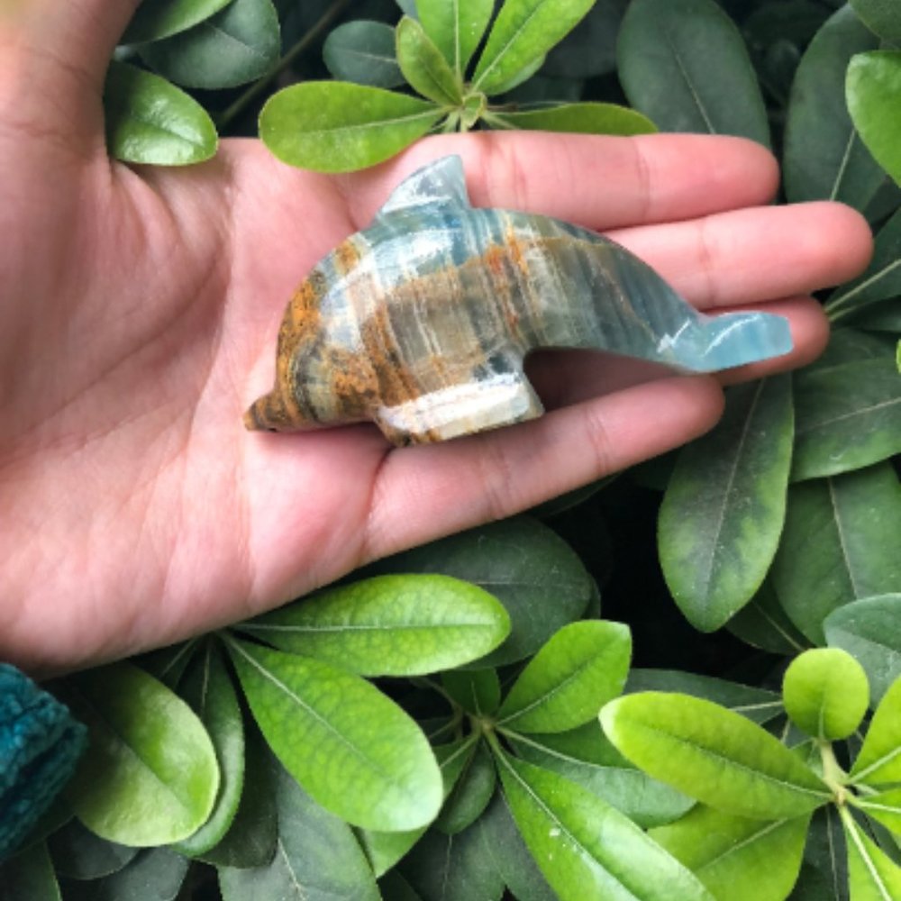 Argentinian Blue Calcite Dolphin Carving, Hand Carved Dolphin, Ocean Decor
